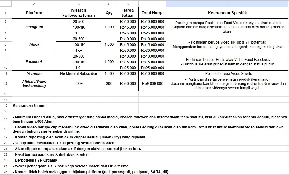 pricelist jasa clipper instagram